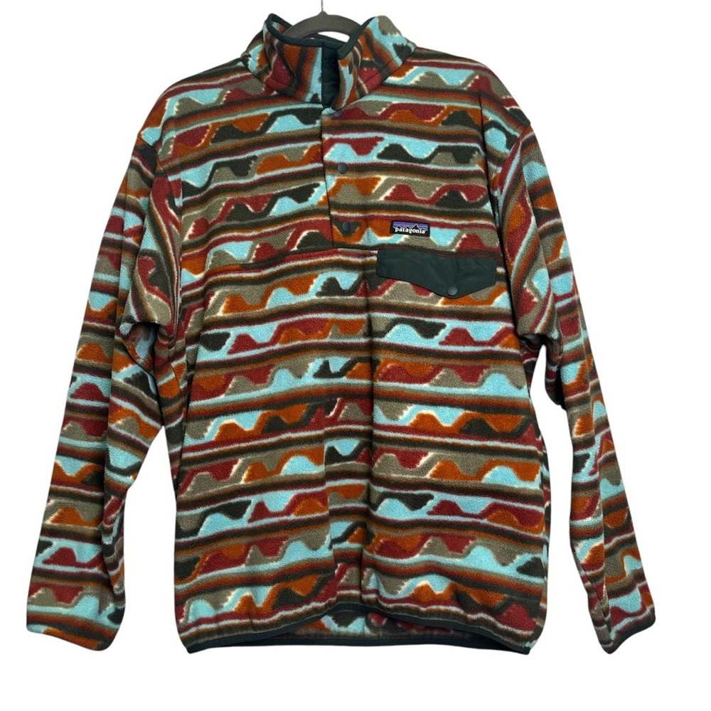 Patagonia Size Large Synchilla Brown Blue Pullover Snap Long Sleeve Fleece